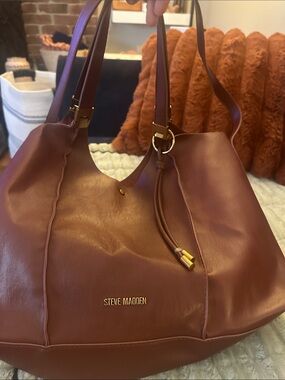 Steve Madden Cognac Leather Shoulder Tote with Tassel